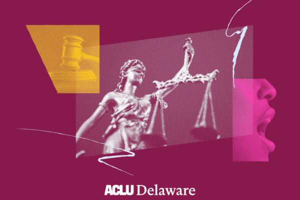 Image with gavel, lady justice, and open mouth