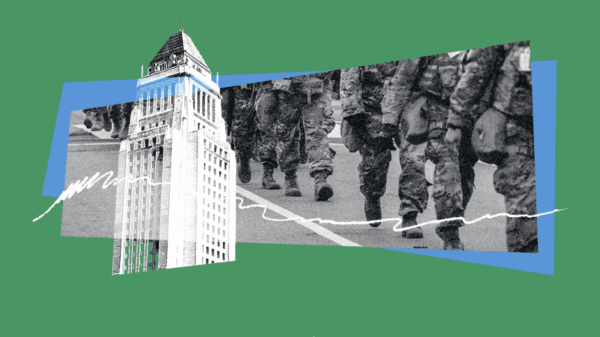 Green background with overlaid image of a skyscraper and the legs of marching troops