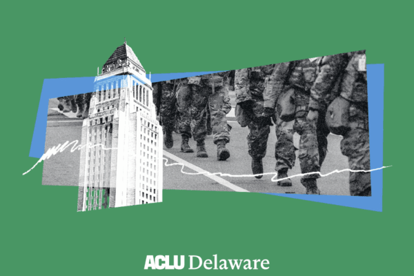 Green background with overlaid image of a skyscraper and the legs of marching troops