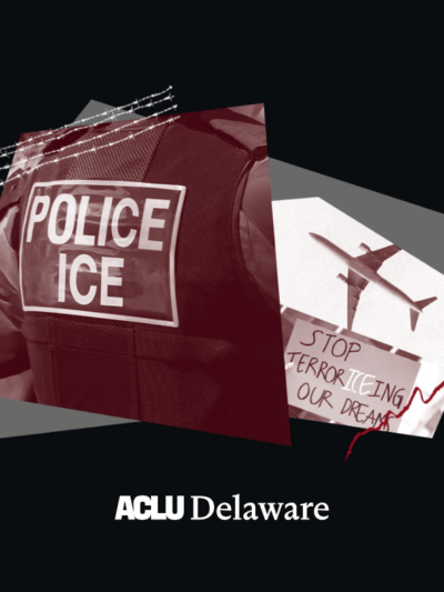 Collage of images: Back of a vest that reads POLICE/ICE, an airplane, and a protest sign that reads "Stop terrorizing our dream"