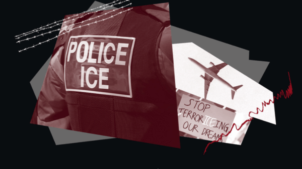 Collage of images: Back of a vest that reads POLICE/ICE, an airplane, and a protest sign that reads "Stop terrorizing our dream"