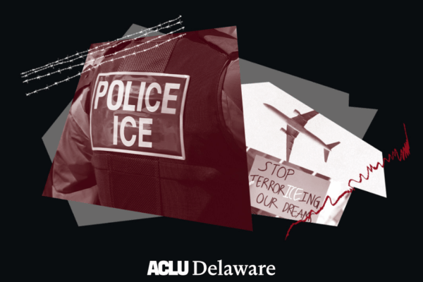 Collage of images: Back of a vest that reads POLICE/ICE, an airplane, and a protest sign that reads "Stop terrorizing our dream"
