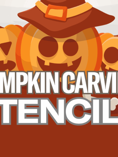 cartoon jack-o-lanterns, skull, and bats with white lettering in foreground stating 'pumpkin carving stencils'