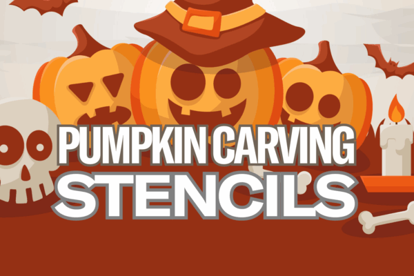 cartoon jack-o-lanterns, skull, and bats with white lettering in foreground stating 'pumpkin carving stencils'