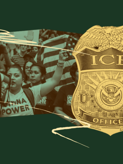 Image of a protestor with a megaphone and an ICE badge