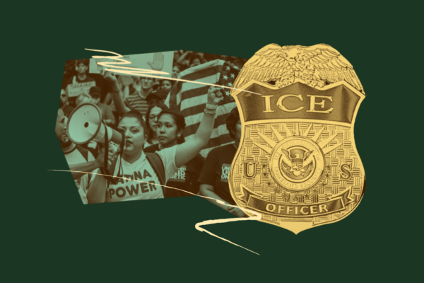 Image of a protestor with a megaphone and an ICE badge