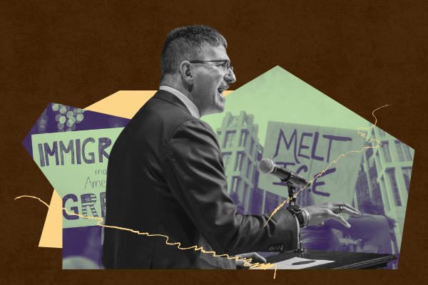 Image of Governor Meyer speaking at a podium overlaid over images of protest signs that read "melt ICE" and "immigrants make America great"