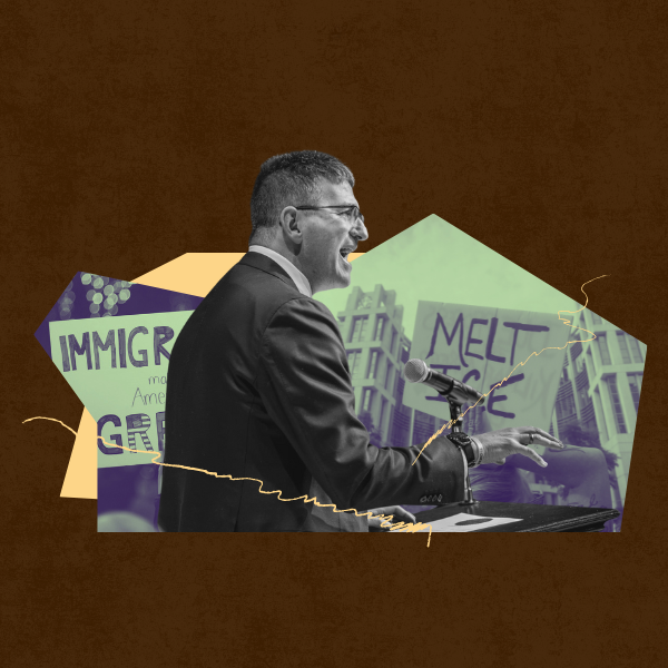 Image of Governor Meyer speaking at a podium overlaid over images of protest signs that read "melt ICE" and "immigrants make America great"