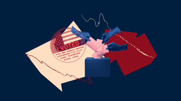 Three hands casting ballots to the right of an 'I Voted' sticker over a dark blue background with red abstract shapes.