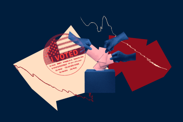 Three hands casting ballots to the right of an 'I Voted' sticker over a dark blue background with red abstract shapes.