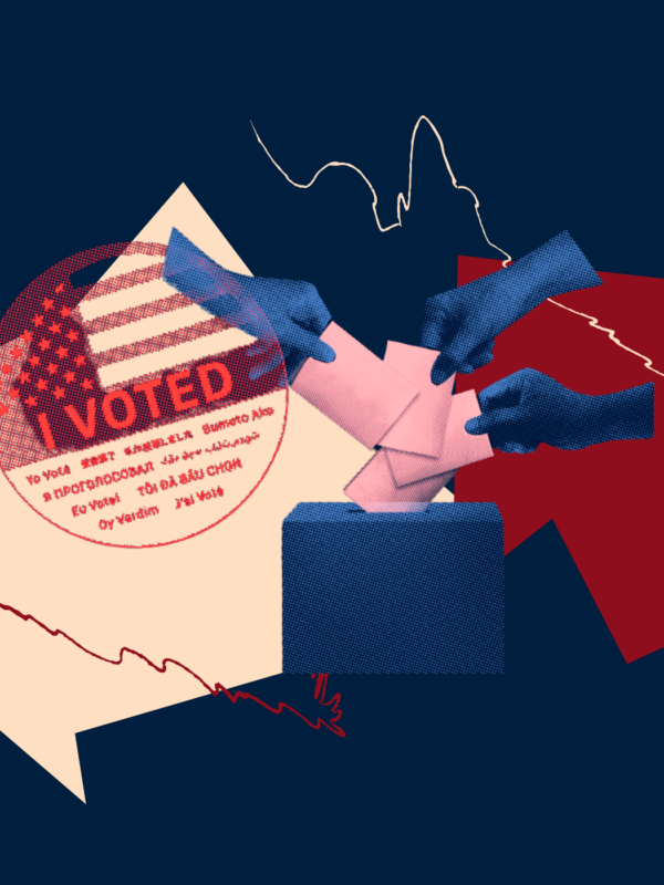 Three hands casting ballots to the right of an 'I Voted' sticker over a dark blue background with red abstract shapes.