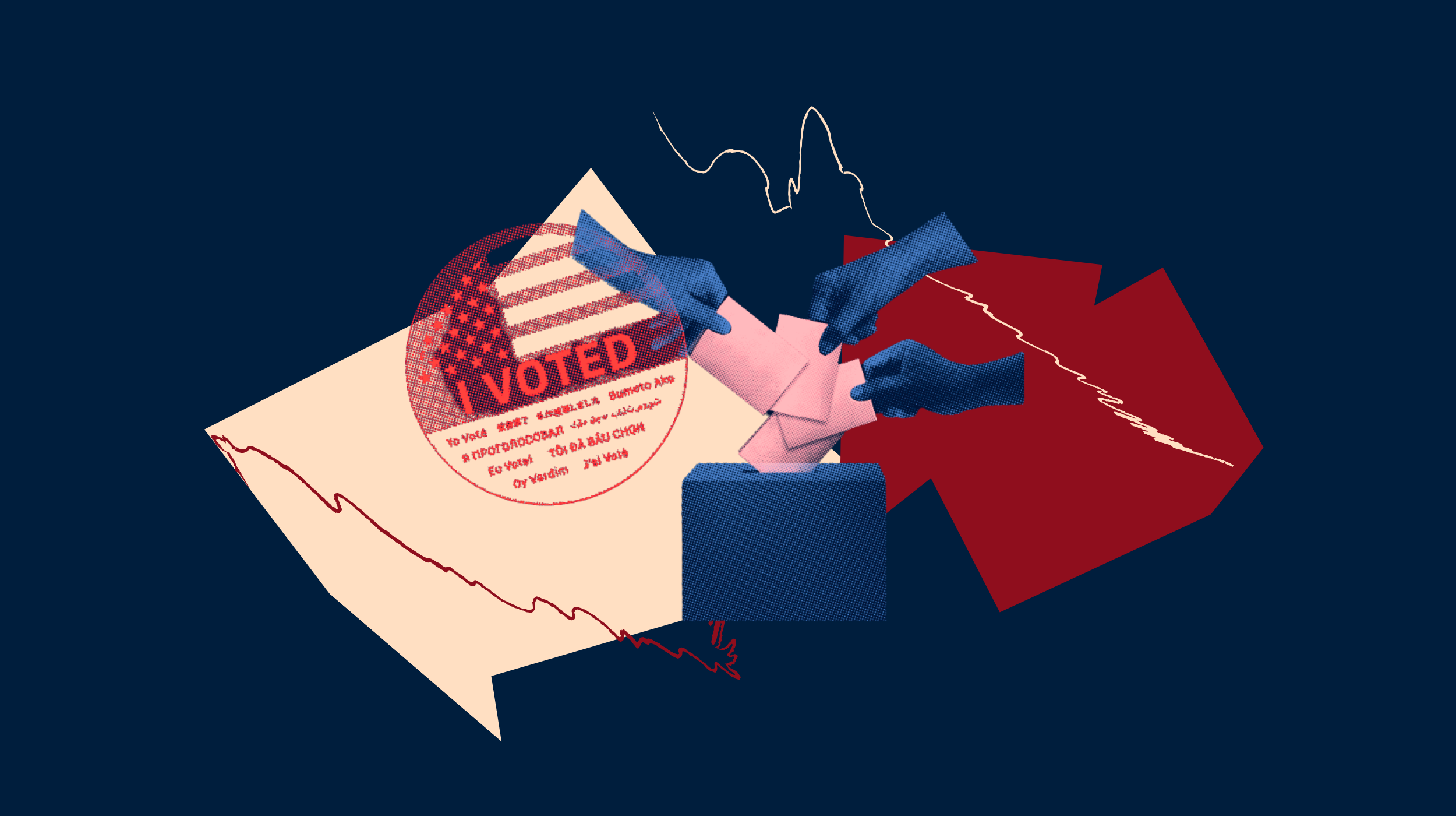 Three hands casting ballots to the right of an 'I Voted' sticker over a dark blue background with red abstract shapes.