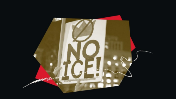 Protest sign that says "NO ICE" with a picture of a crossed-out crown above it