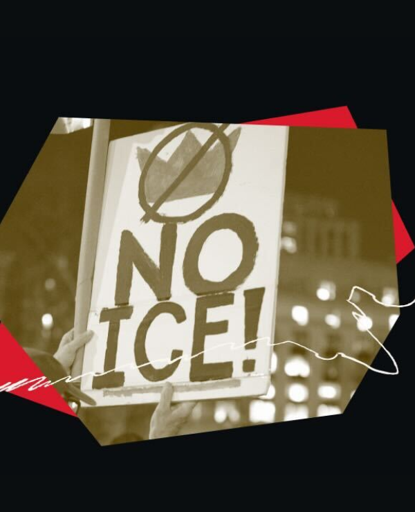 Protest sign that says "NO ICE" with a picture of a crossed-out crown above it