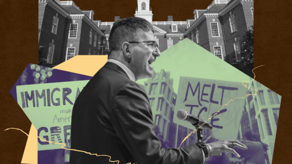 Image of Governor Meyer and Delaware Legislative Hall overlaid with images of anti-ICE protestors