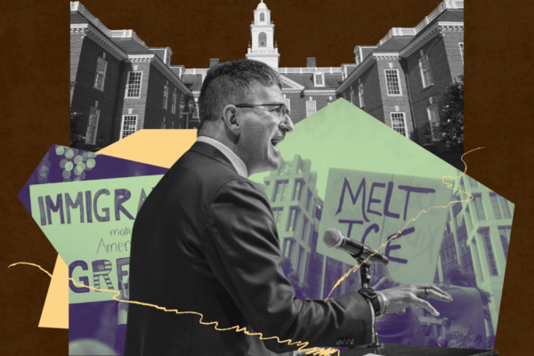 Image of Governor Meyer and Delaware Legislative Hall overlaid with images of anti-ICE protestors