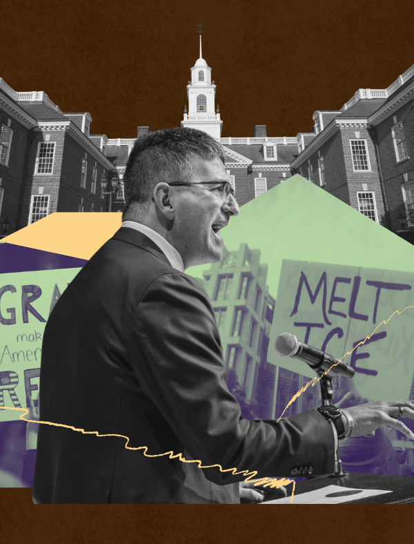 Image of Governor Meyer and Delaware Legislative Hall overlaid with images of anti-ICE protestors