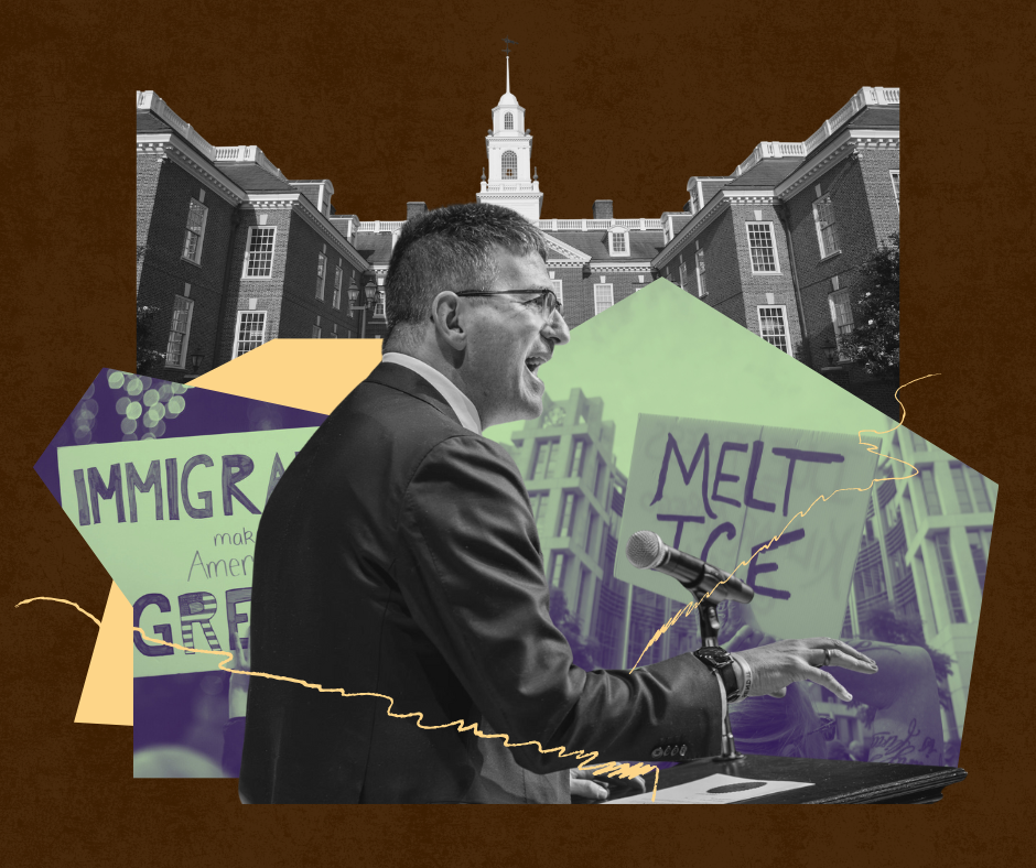 Image of Governor Meyer and Delaware Legislative Hall overlaid with images of anti-ICE protestors