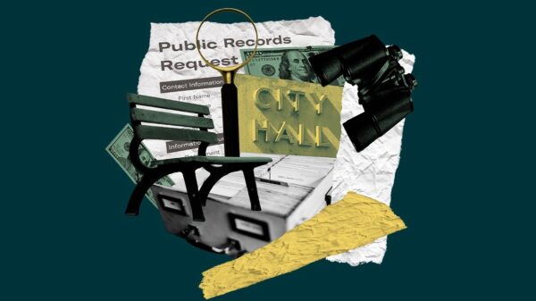 dark teal, yellow, and white FOIA public records request collage