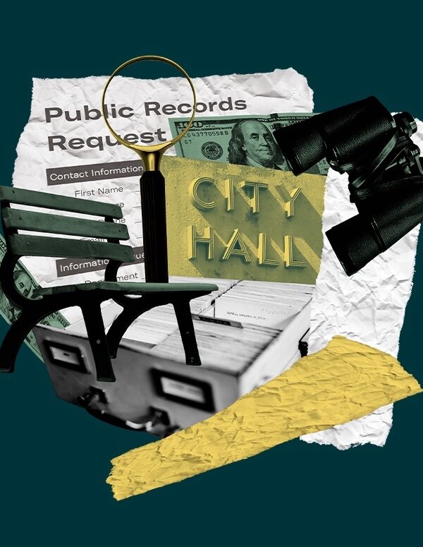 dark teal, yellow, and white FOIA public records request collage