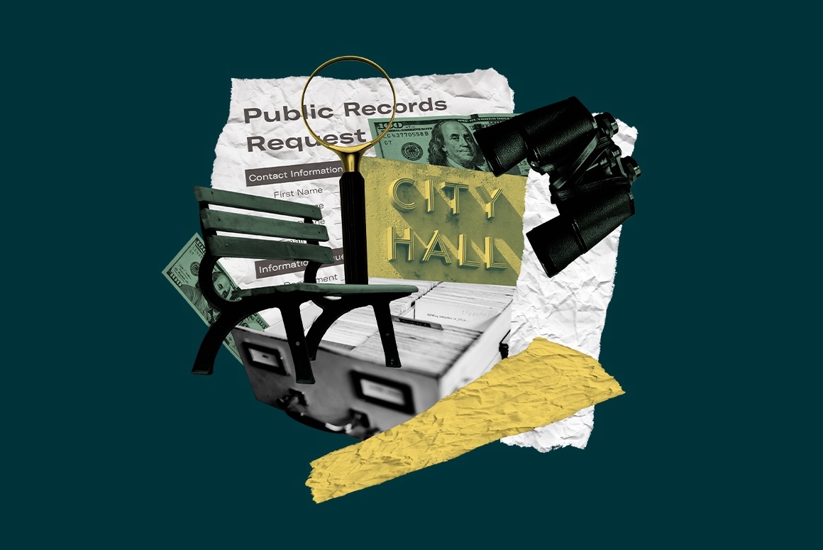 dark teal, yellow, and white FOIA public records request collage