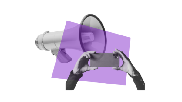 Image of megaphone and hands holding a phone while recording