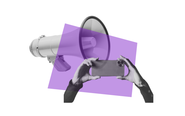 Image of megaphone and hands holding a phone while recording