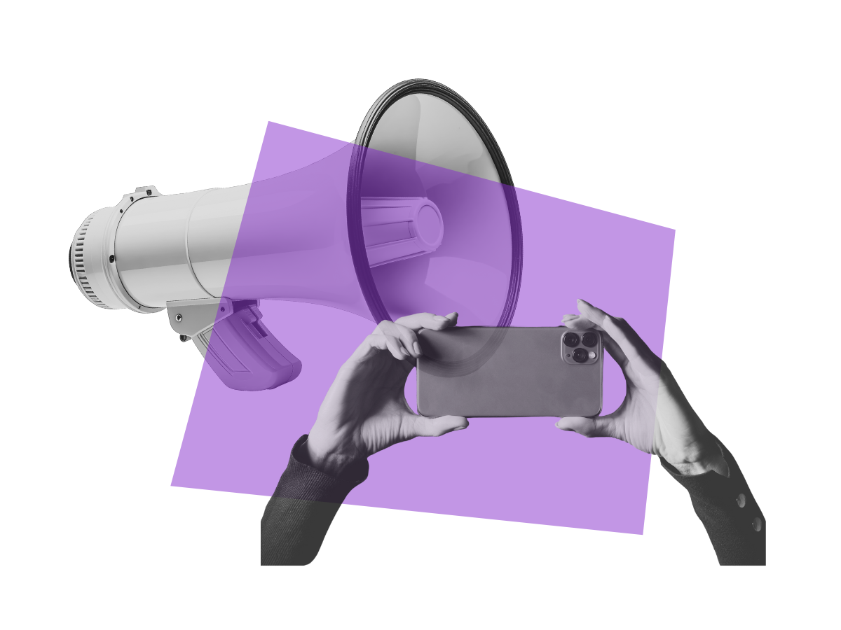 Image of megaphone and hands holding a phone while recording