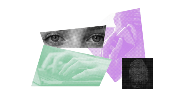 Overlapping images of eyes, hands typing on a keyboard, a person talking on the phone, and a fingerprint