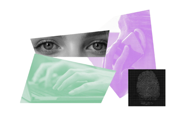 Overlapping images of eyes, hands typing on a keyboard, a person talking on the phone, and a fingerprint