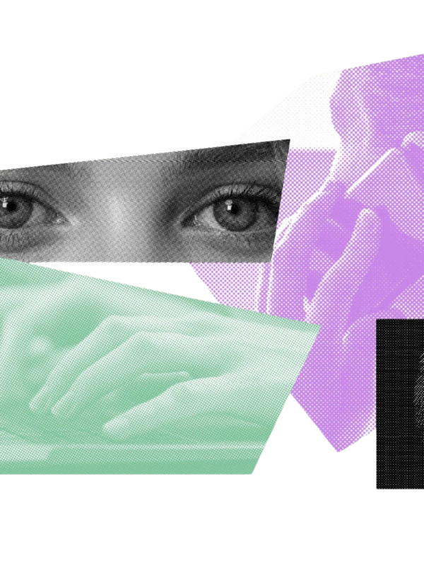 Overlapping images of eyes, hands typing on a keyboard, a person talking on the phone, and a fingerprint