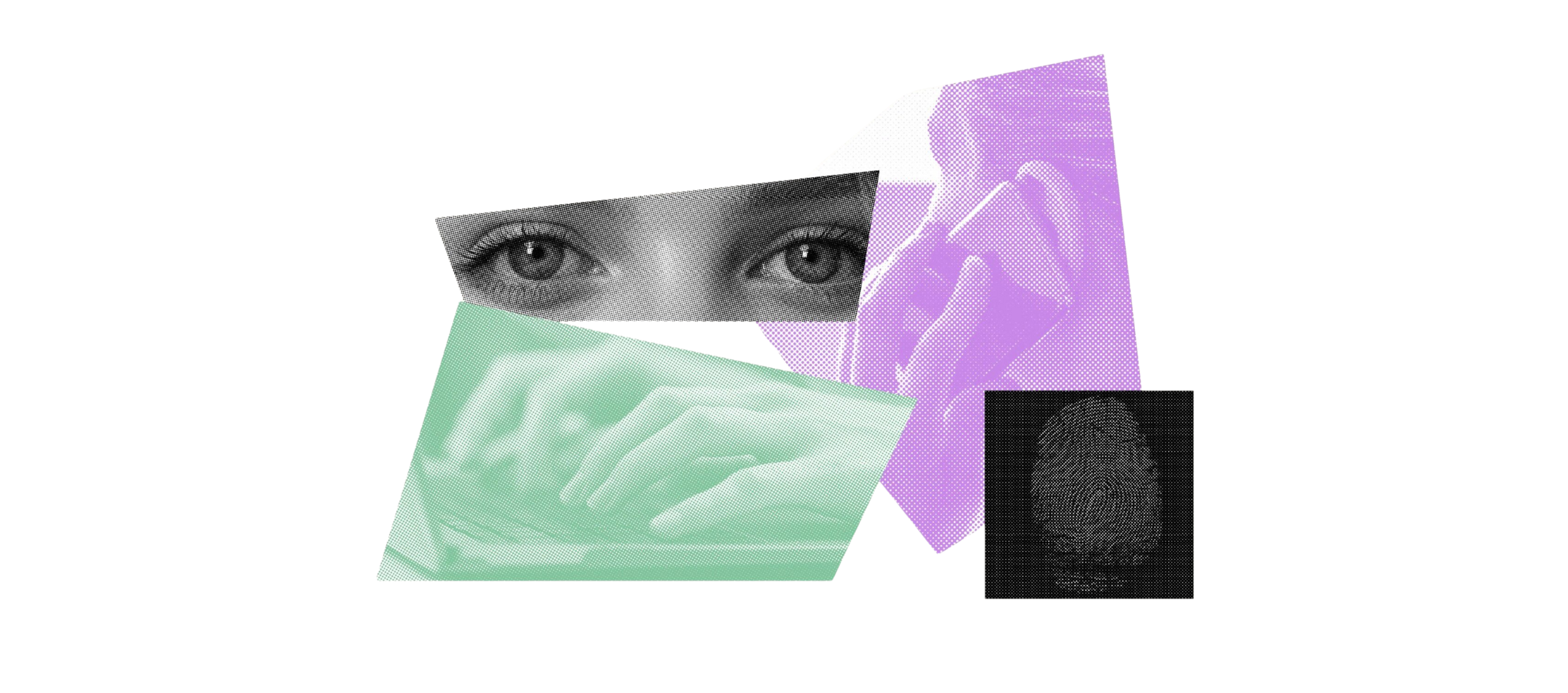 Overlapping images of eyes, hands typing on a keyboard, a person talking on the phone, and a fingerprint
