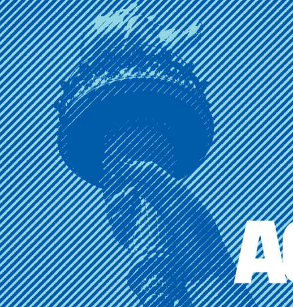 ACLU logo with an image of the statue of liberty's torch overlaid with blue stripes