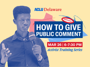 Black person with short hair speaking into a microphone next to text that reads: "How to Give Public Comment"