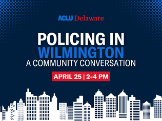 The text "Policing in Wilmington: A Community Conversation" on top of a dark blue background with a white city skyline across the bottom edge