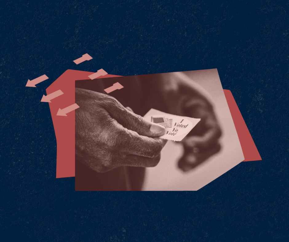 Image of hands holding an "I voted" sticker against a blue background