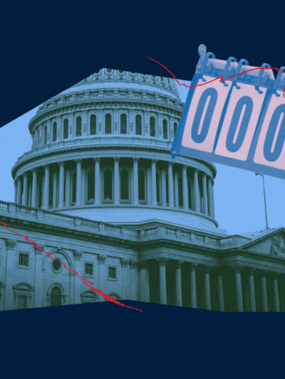 A centered geometric image of the capital building in DC with a scorecard angled and overlaid against a solid colored background.