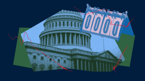A centered geometric image of the capital building in DC with a scorecard angled and overlaid against a solid colored background.