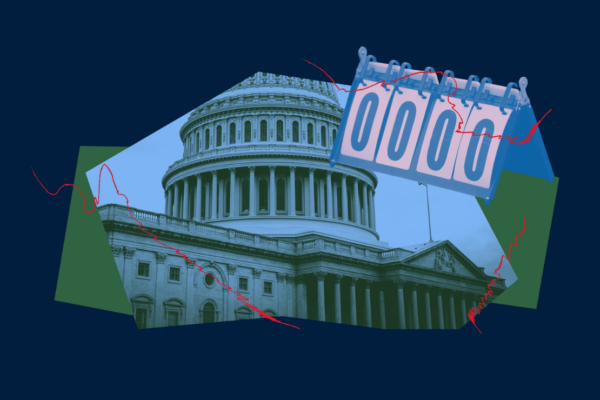A centered geometric image of the capital building in DC with a scorecard angled and overlaid against a solid colored background.