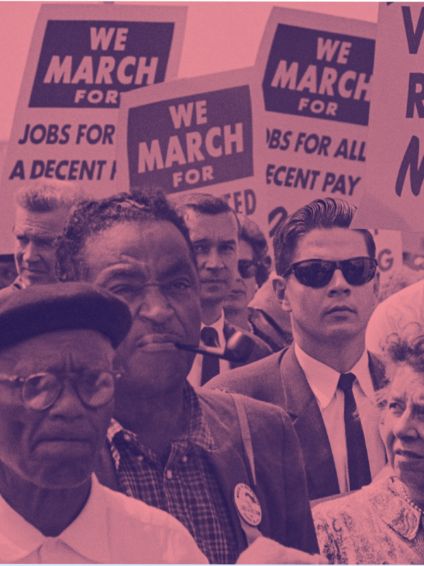 a pink-tinted photograph of people holding signs supporting voting rights