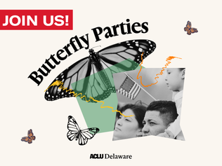 collage featuring black and white images of people holding an American flag and monarch butterflies