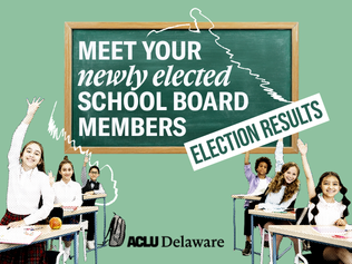 Schoolchildren sitting at their desks, raising their hands, with a large green chalkboard behind them that says, "Meet your newly elected school board members - Election Results" on a lighter green background.