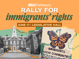 collage with an orange and green background featuring a photo of the capitol as well as a photo of someone holding up a sign that says "immigrants grow communities"