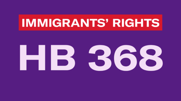 the text "HB 368" and "immigrants' rights" on a purple background