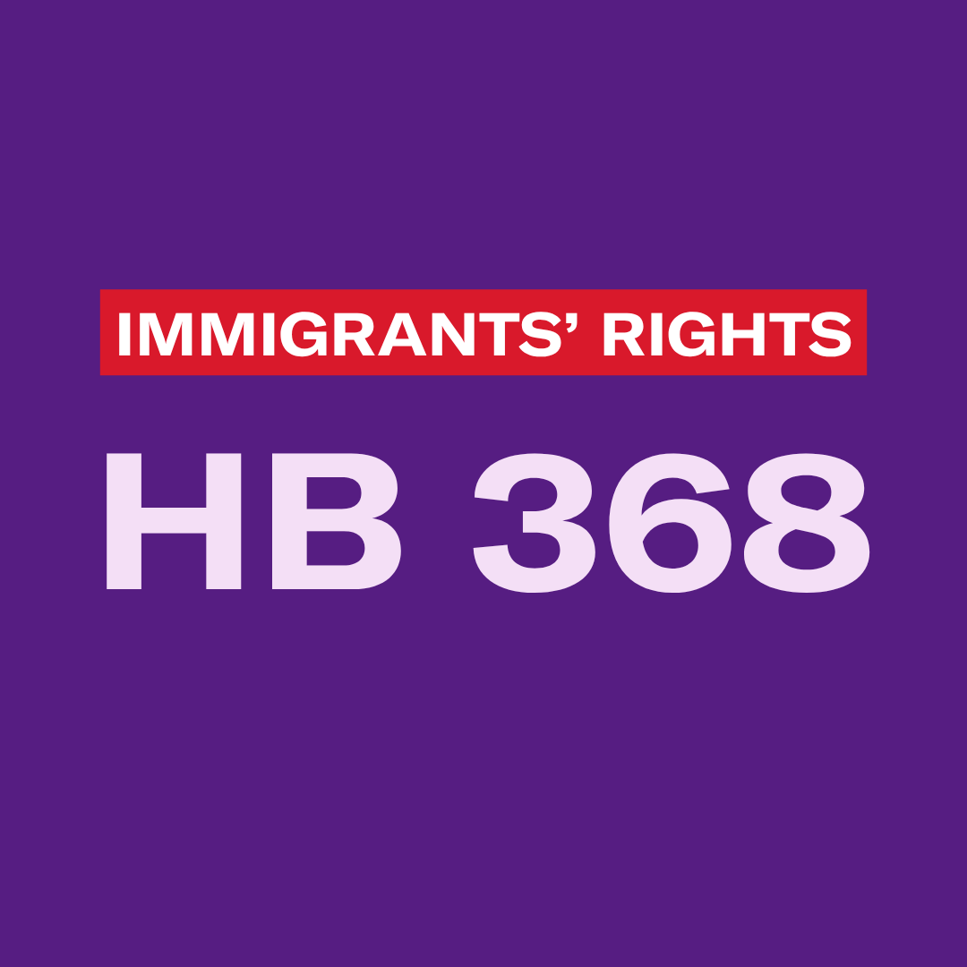 the text "HB 368" and "immigrants' rights" on a purple background