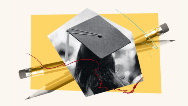 Image of a graduation cap on a student's head overtop of a yellow background with two pencils.