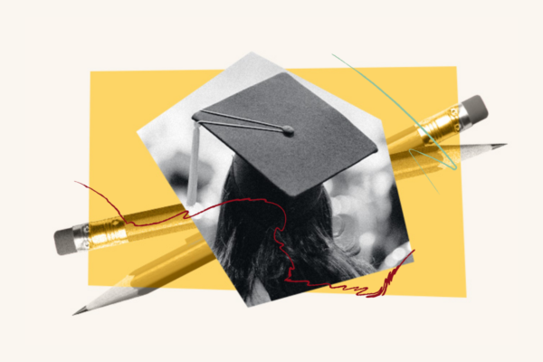 Image of a graduation cap on a student's head overtop of a yellow background with two pencils.