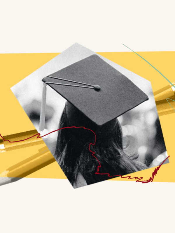 Image of a graduation cap on a student's head overtop of a yellow background with two pencils.