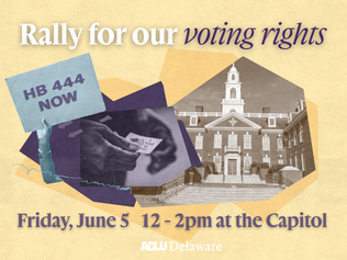 A golden yellow and dark purple collage with a photograph of the capitol and a photograph of hands holding an "I voted" sticker