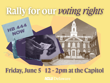 A golden yellow and dark purple collage with a photograph of the capitol and a photograph of hands holding an "I voted" sticker